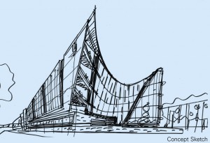 A sketch of the west façade, which presents a sculptural form inspired by the shape of neurons.